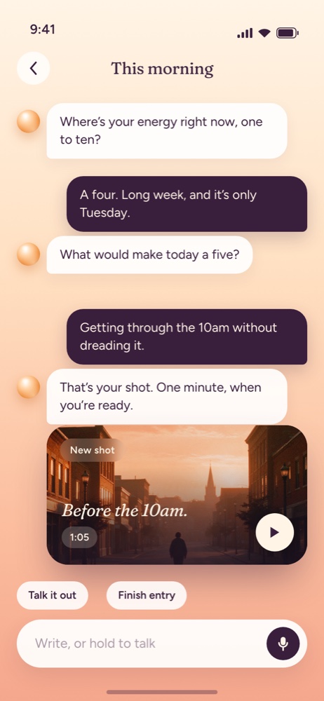 A conversation in the app: it asks where your energy is, you say a four, it asks what would make today a five.